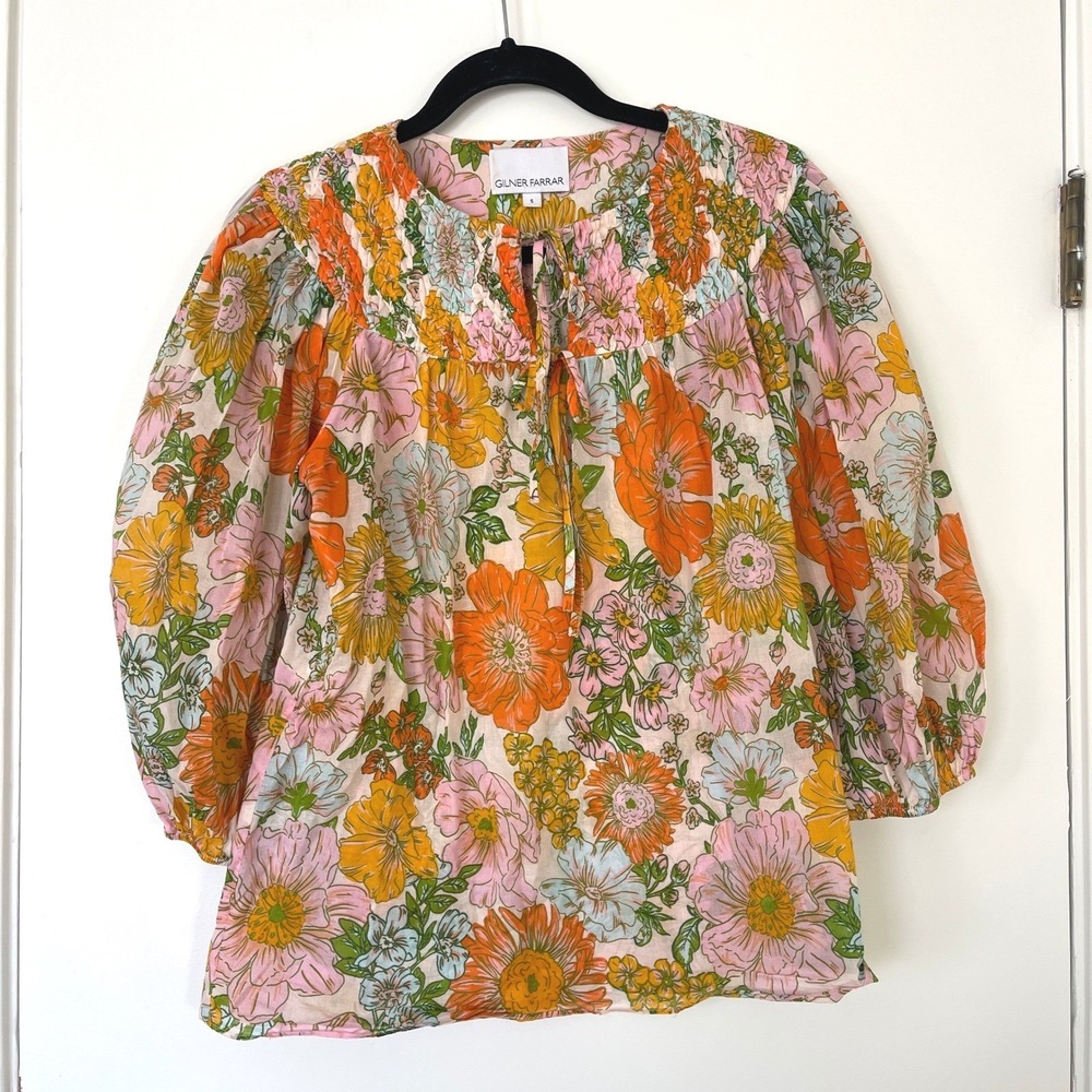 Gilner Farrar Orange Pink Floral Smocked Tie Neck Puff Sleeve Cotton Blouse S